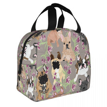 Load image into Gallery viewer, Image of an insulated Frenchie bag with exterior pocket in frenchies and purple orchids design