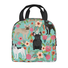 Load image into Gallery viewer, Image of an insulated Frenchie bag with exterior pocket in bloom design