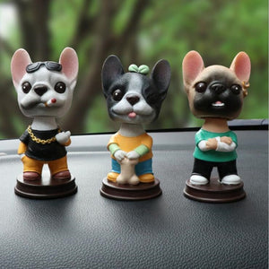 Image of three super-cute hipsters Frenchie bobbleheads in fawn, white, and pied black and white colors!