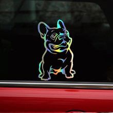 Load image into Gallery viewer, Image of smiling frenchie car sticker in reflective rainbow color