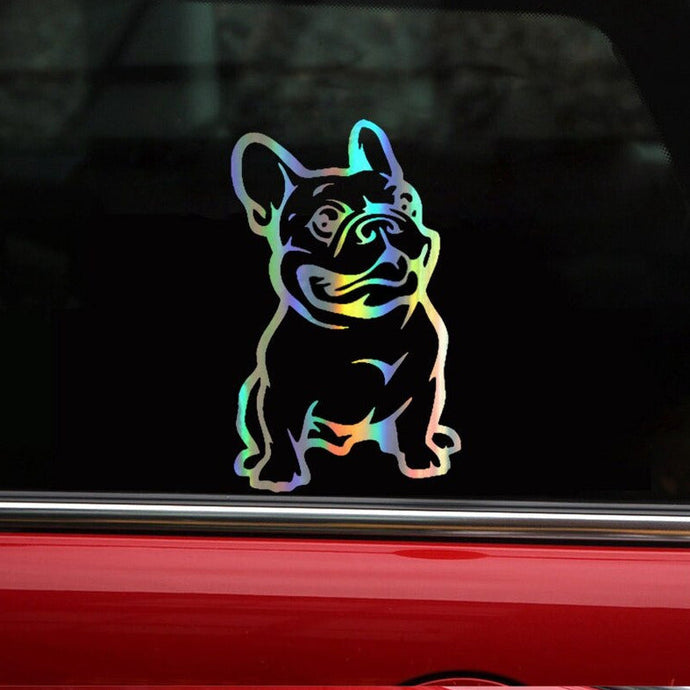 Image of smiling frenchie car sticker in reflective rainbow color