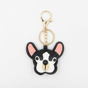 Image of a black color frenchie keychain made of PU leather