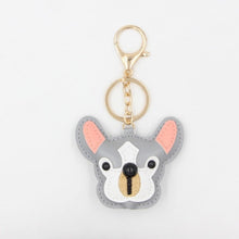 Load image into Gallery viewer, Image of a gray color frenchie keychain made of PU leather