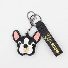 Load image into Gallery viewer, Image of a black color frenchie keychain with strap made of PU leather