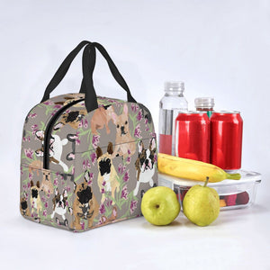Image of an insulated Frenchie lunch bag in frenchies and purple orchids design
