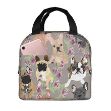 Load image into Gallery viewer, Image of an insulated Frenchie lunch bag with exterior pocket in frenchies and purple orchids design