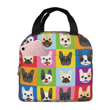 Load image into Gallery viewer, Image of an insulated Frenchie lunch bag with exterior pocket in infinite French Bulldog design