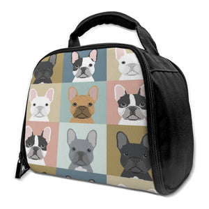 Image of an insulated frenchie lunch bag featuring French Bulldogs in all colors design