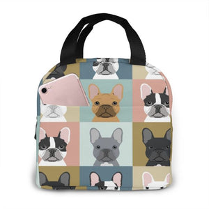 Image of an insulated frenchie lunch bag in French Bulldogs in all colors design with exterior pocket
