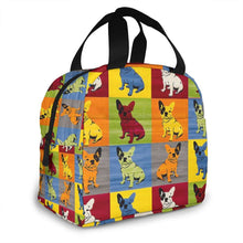 Load image into Gallery viewer, Image of frenchie lunch bag in a colorful Pop Art French Bulldogs design