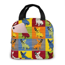 Load image into Gallery viewer, Image of an insulated pop art frenchie lunch bag featuring French Bulldogs in all colors design with exterior pocket