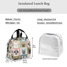 Load image into Gallery viewer, Size image of an insulated french bulldog lunch bag in French Bulldogs in all colors design with exterior pocket