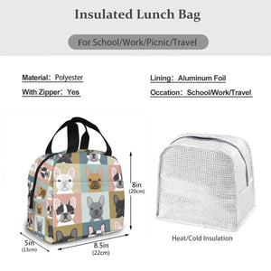 Size image of an insulated french bulldog lunch bag in French Bulldogs in all colors design with exterior pocket