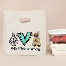 Load image into Gallery viewer, Image of fawn frenchie lunch bag in Peace, Love, and Frenchie text design 