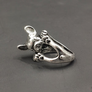 Image of a frenchie ring in the cutest hanging French Bulldog design