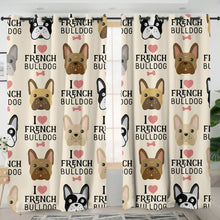 Load image into Gallery viewer, Image of frenchie room curtain in i love french bulldogs design
