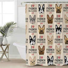 Load image into Gallery viewer, Image of beautiful frenchie shower curtain in i love french bulldog design
