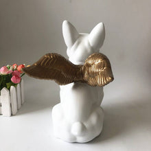 Load image into Gallery viewer, Image of a frenchie statue white with Golden Angel Wings, made of black ceramic, with gold-plated angel wings