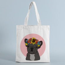Load image into Gallery viewer, Image of a frenchie tote bag in black frenchie with flower tiara design