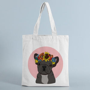 Image of a frenchie tote bag in black frenchie with flower tiara design