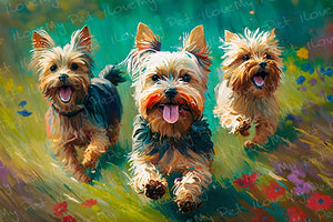 Frolic Fields Yorkie Trio Wall Art Poster-Art-Dog Art, Home Decor, Poster, Yorkshire Terrier-Light Canvas-Tiny - 8x10"-1