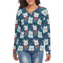 Load image into Gallery viewer, Frosty Whiskers Westie Women's V-Neck Christmas Sweater-Apparel-Apparel,Christmas,Dog Mom Gifts,Sweater,Sweatshirt,West Highland Terrier-S-White5-1