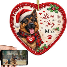 Load image into Gallery viewer, German Shepherd Christmas Ornament - Love &amp; Joy Heart Shaped Portrait - Personalized with Name-Christmas Ornament-Christmas,German Shepherd,Personalize Artwork-1