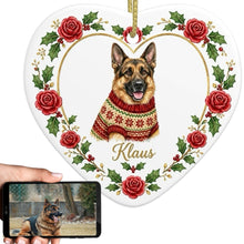 Load image into Gallery viewer, German Shepherd Ornament - Personalized Heart Shaped Christmas Rose Border - with Name-Christmas Ornament-Christmas,German Shepherd,Personalize Artwork-1