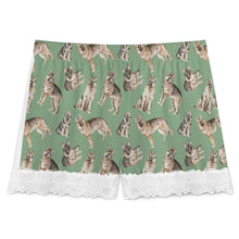 Load image into Gallery viewer, German Shepherd Shorts for Women - Lace Trim Design - Watercolor Celebration German Shepherds-Pajamas-Apparel,Dog Mom Gifts,German Shepherd,Pajamas-16
