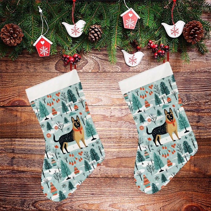 German Shepherd's Holiday Forest Frolic Christmas Stocking-Christmas Ornament-Christmas, German Shepherd, Home Decor-26X42CM-White-3