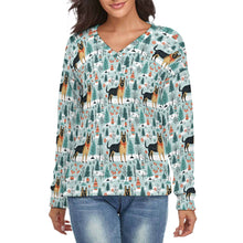 Load image into Gallery viewer, German Shepherd&#39;s Holiday Forest Frolic Women&#39;s V-Neck Christmas Sweater-Apparel-Apparel,Christmas,Dog Mom Gifts,German Shepherd,Sweater,Sweatshirt-S-White10-1