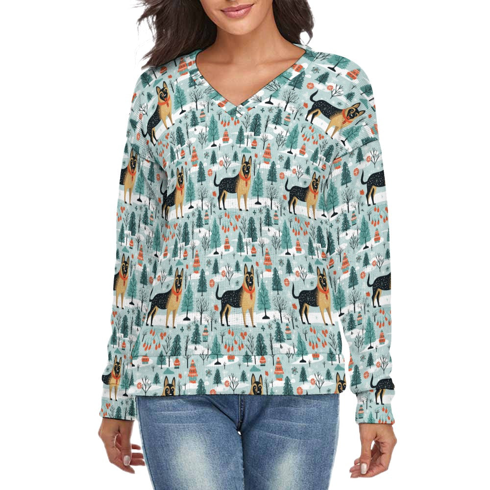 German Shepherd's Holiday Forest Frolic Women's V-Neck Christmas Sweater-Apparel-Apparel,Christmas,Dog Mom Gifts,German Shepherd,Sweater,Sweatshirt-S-White10-1