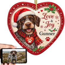 Load image into Gallery viewer, German Wirehaired Pointer Christmas Ornament - Love &amp; Joy Heart Shaped Portrait - Personalize with Photo and Name-Christmas Ornament-Christmas,Christmas Ornament,German Longhaired Pointer,Personalize Artwork-1