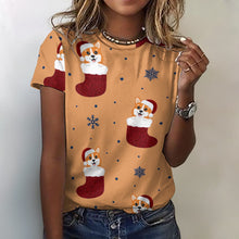 Load image into Gallery viewer, Glittery Red Christmas Stocking Corgis All Over Print Women&#39;s Cotton T-Shirt - 4 Colors-Apparel-Apparel, Christmas, Corgi, Shirt, T Shirt-2XS-SandyBrown-11