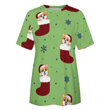 Load image into Gallery viewer, Glittery Red Christmas Stocking Corgis All Over Print Women&#39;s Cotton T-Shirt - 4 Colors-Apparel-Apparel, Christmas, Corgi, Shirt, T Shirt-12