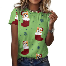 Load image into Gallery viewer, Glittery Red Christmas Stocking Corgis All Over Print Women&#39;s Cotton T-Shirt - 4 Colors-Apparel-Apparel, Christmas, Corgi, Shirt, T Shirt-13