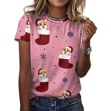 Load image into Gallery viewer, Glittery Red Christmas Stocking Corgis All Over Print Women&#39;s Cotton T-Shirt - 4 Colors-Apparel-Apparel, Christmas, Corgi, Shirt, T Shirt-17
