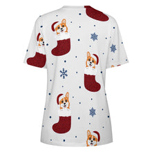 Load image into Gallery viewer, Glittery Red Christmas Stocking Corgis All Over Print Women&#39;s Cotton T-Shirt - 4 Colors-Apparel-Apparel, Christmas, Corgi, Shirt, T Shirt-18