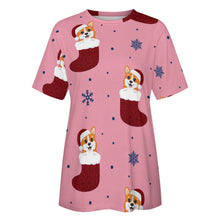 Load image into Gallery viewer, Glittery Red Christmas Stocking Corgis All Over Print Women&#39;s Cotton T-Shirt - 4 Colors-Apparel-Apparel, Christmas, Corgi, Shirt, T Shirt-2