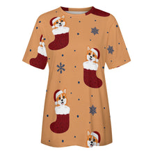 Load image into Gallery viewer, Glittery Red Christmas Stocking Corgis All Over Print Women&#39;s Cotton T-Shirt - 4 Colors-Apparel-Apparel, Christmas, Corgi, Shirt, T Shirt-5