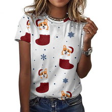 Load image into Gallery viewer, Glittery Red Christmas Stocking Corgis All Over Print Women&#39;s Cotton T-Shirt - 4 Colors-Apparel-Apparel, Christmas, Corgi, Shirt, T Shirt-6