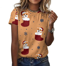 Load image into Gallery viewer, Glittery Red Christmas Stocking Corgis All Over Print Women&#39;s Cotton T-Shirt - 4 Colors-Apparel-Apparel, Christmas, Corgi, Shirt, T Shirt-7