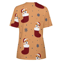 Load image into Gallery viewer, Glittery Red Christmas Stocking Corgis All Over Print Women&#39;s Cotton T-Shirt - 4 Colors-Apparel-Apparel, Christmas, Corgi, Shirt, T Shirt-9
