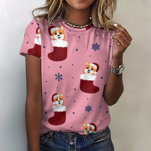 Load image into Gallery viewer, Glittery Red Christmas Stocking Corgis All Over Print Women&#39;s Cotton T-Shirt - 4 Colors-Apparel-Apparel, Christmas, Corgi, Shirt, T Shirt-2XS-LightPink-1