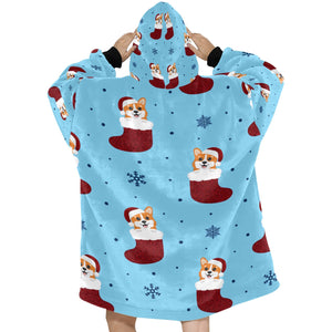 Glittery Red Christmas Stocking Corgis Blanket Hoodie for Women-10