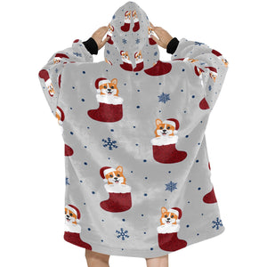 Glittery Red Christmas Stocking Corgis Blanket Hoodie for Women-12