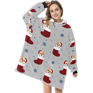 Glittery Red Christmas Stocking Corgis Blanket Hoodie for Women-13