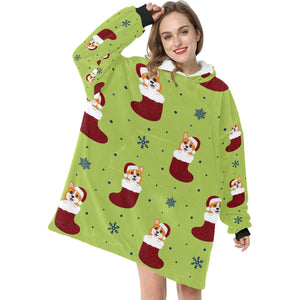 Glittery Red Christmas Stocking Corgis Blanket Hoodie for Women-2