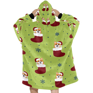 Glittery Red Christmas Stocking Corgis Blanket Hoodie for Women-3