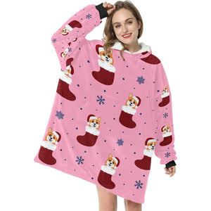 Glittery Red Christmas Stocking Corgis Blanket Hoodie for Women-5
